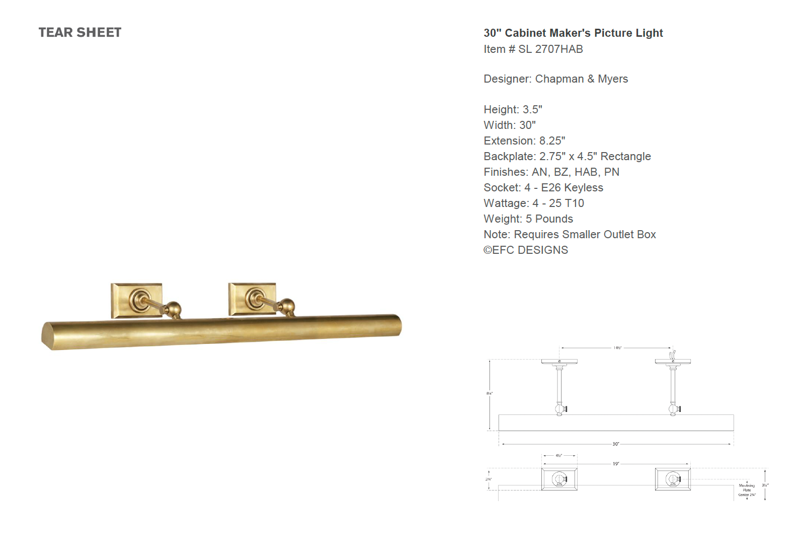 30" Cabinet Maker's Picture Light, Hand-Rubbed Antique Brass