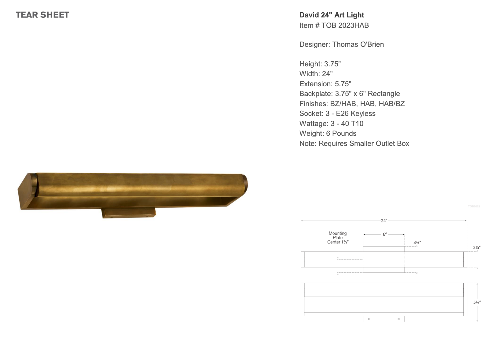 24" David Art Light, Hand-Rubbed Antique Brass