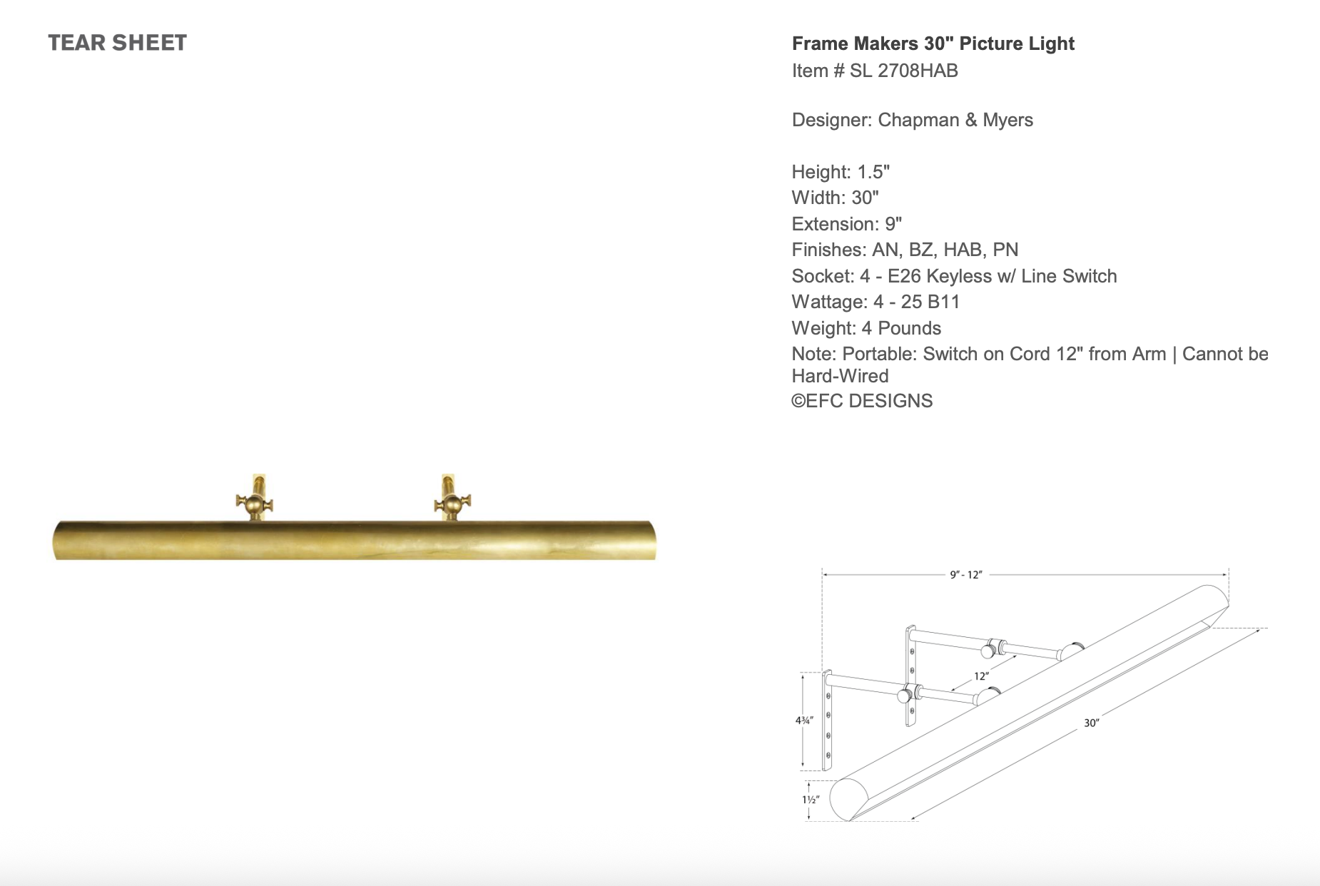 30" Frame Makers Picture Light, Hand-Rubbed Antique Brass
