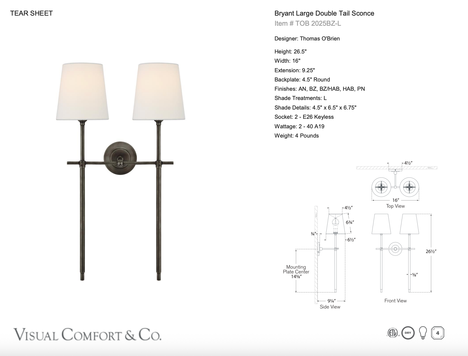 Bryant Large Double Tail Sconce, Bronze