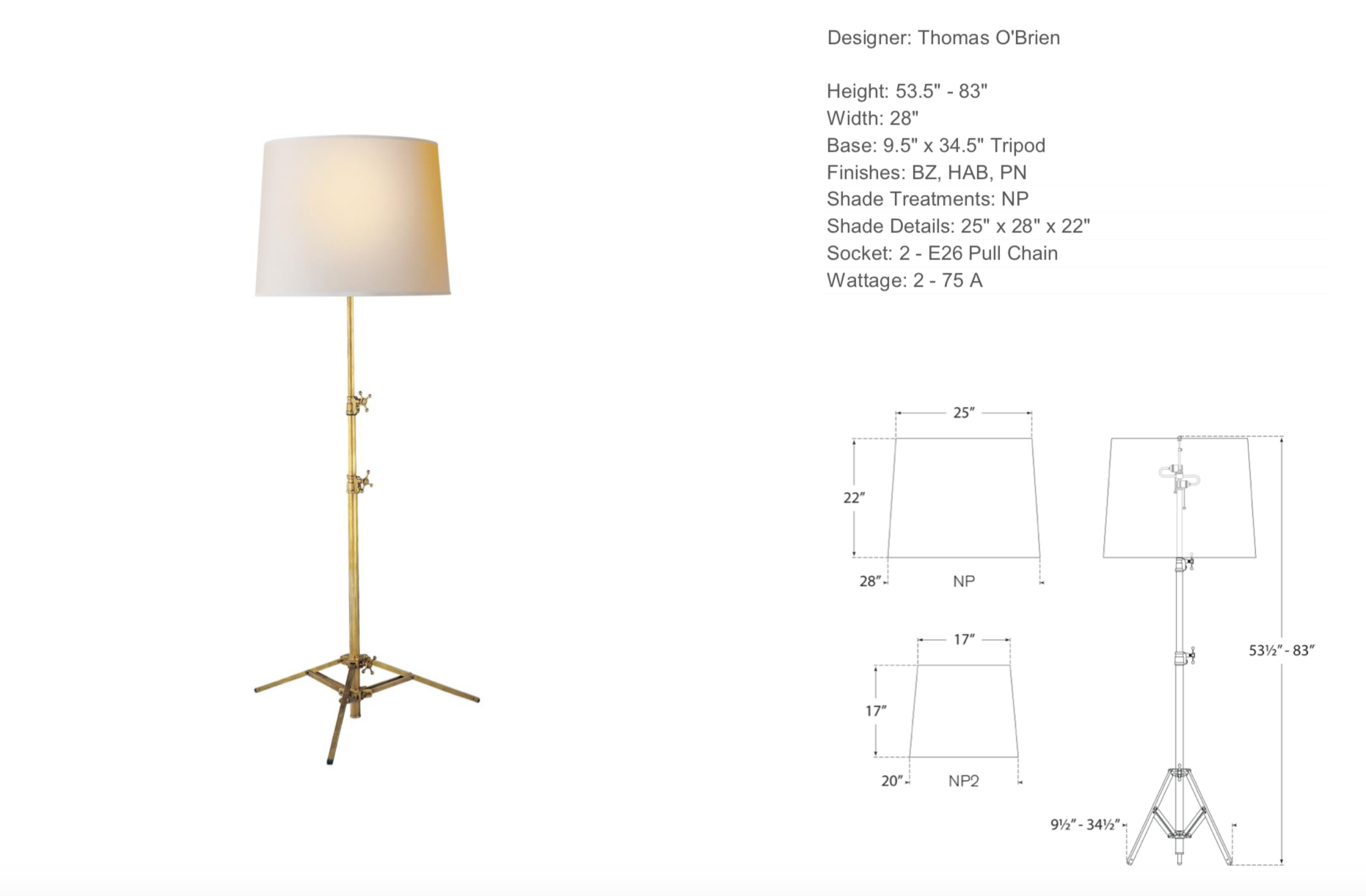 Adjustable Tripod Floor Lamp In Antique Brass