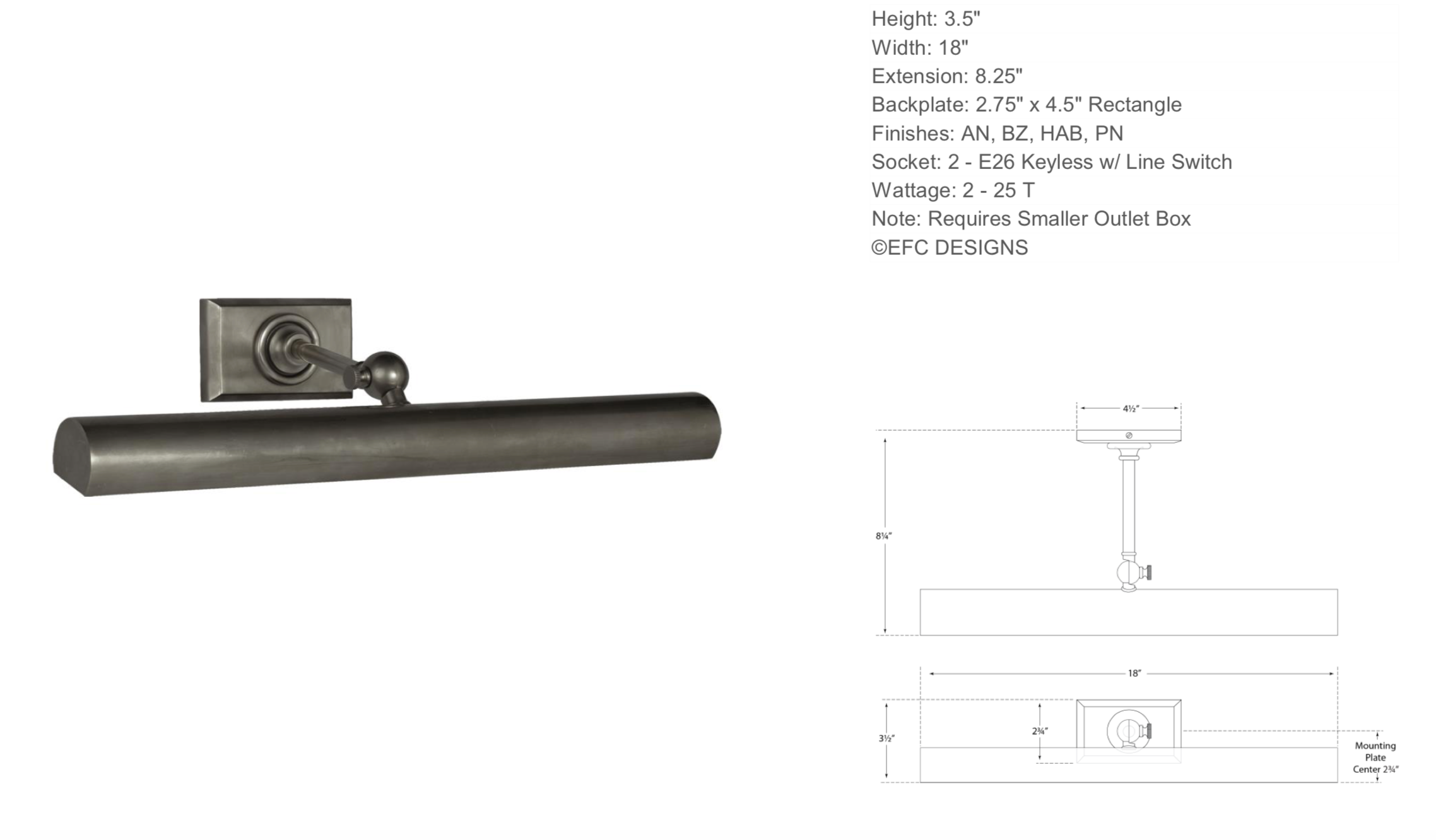 18" Cabinet Maker's Picture Light, Bronze