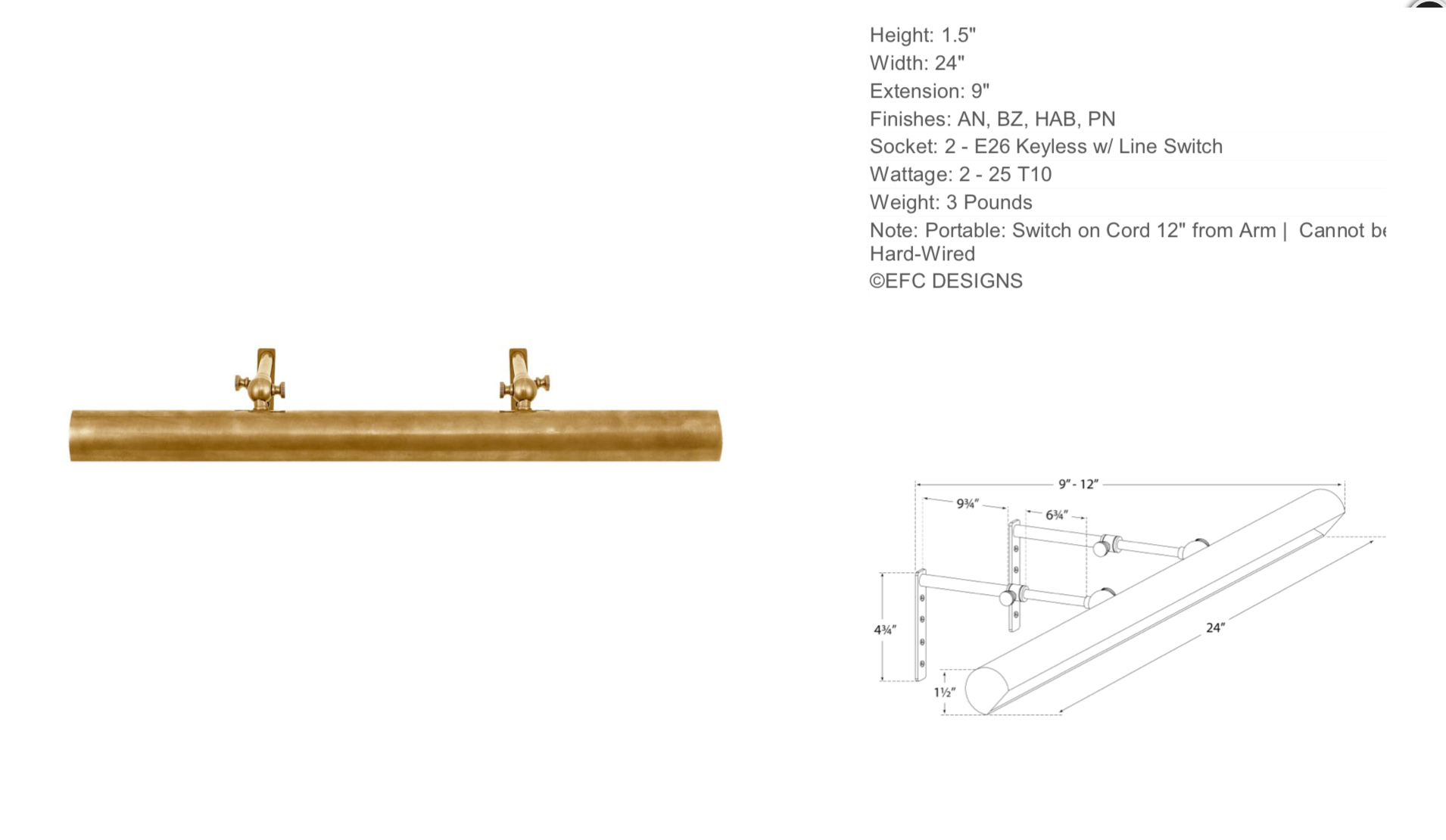24" Frame Maker's Picture Light, Antique Brass